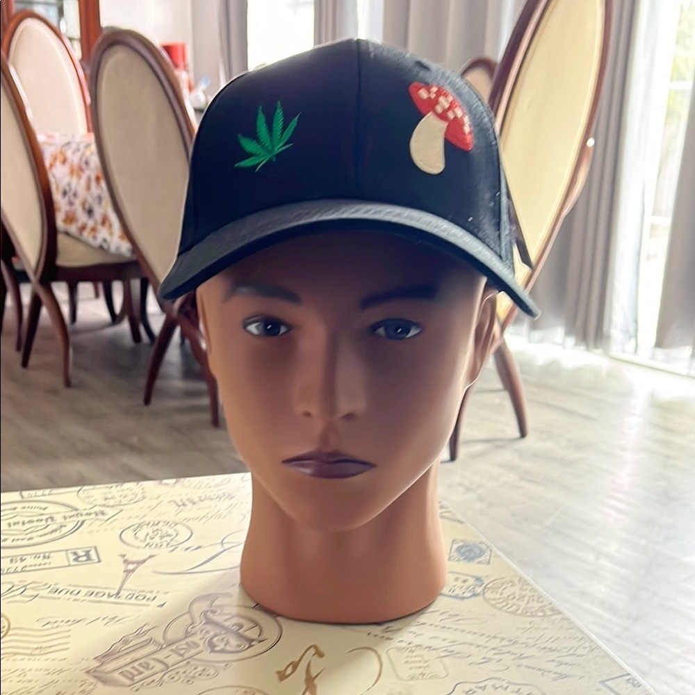 Embroidered Black Cap with Leaf and Mushroom